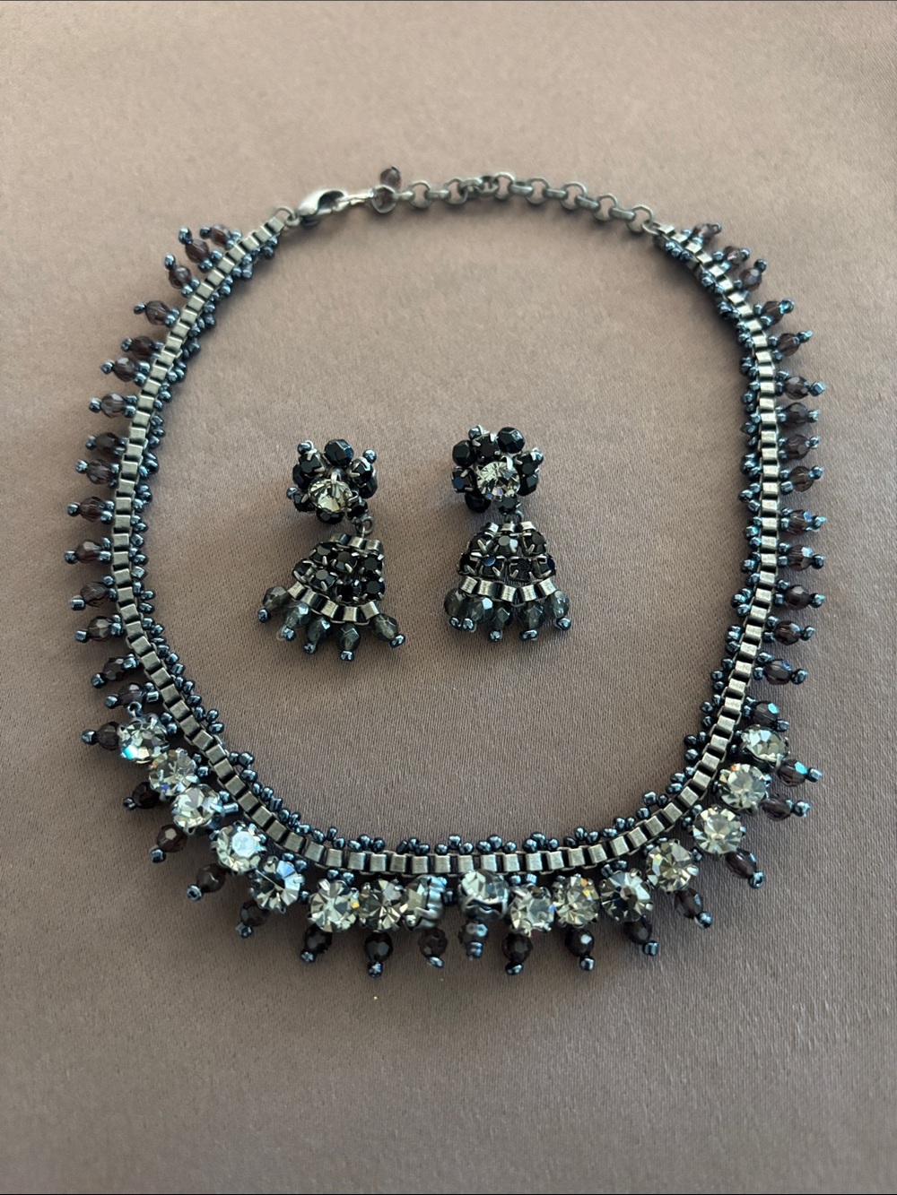 Gunmetal Crystal Beaded Choker Necklace with Matching Earrings - Black